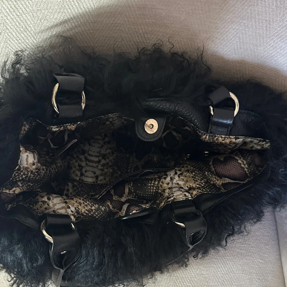 Aqua Madonna Elegant Black Satchel with Plush Fur Trim